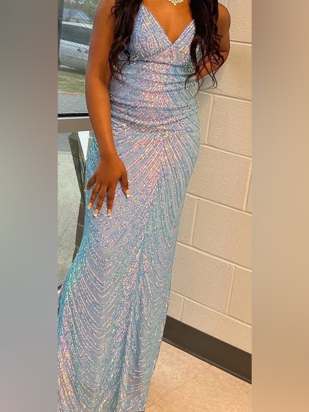 Windsor Iridescent Light Blue Sequin V-Neck Prom Gown